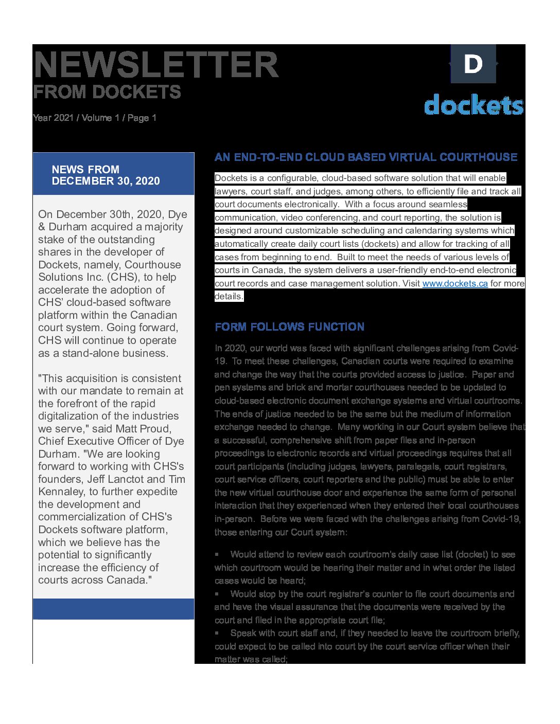 Dockets – Newsletter 2021 Issue 1